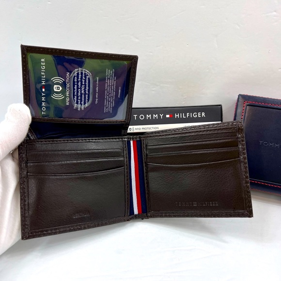 ⭐️TOMMY HILFIGER💯 MENS WALLET DOUBLE FOLD, DARK BROWN, GENUINE LEATHER - Picture 5 of 13